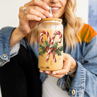 Aesthetic Christmas drinkware candy cane holly glass tumbler 17oz - Holiday traditional coffee cup bamboo lid
Instagram worthy Christmas glass cup 17oz - Classic candy cane holly holiday tumbler bamboo lid glass straw