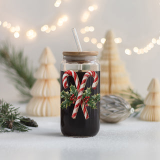 Traditional Christmas tumbler - candy cane and holly design glass with bamboo lid
Christmas kitchen gift - festive candy cane glass tumbler with straw