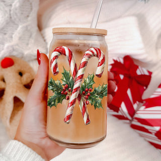 Christmas kitchen gifts glass cup 17oz - Candy cane holly tumbler bamboo lid glass straw - Holiday decor
Candy cane and holly wreath glass cup – 17oz Christmas coffee tumbler