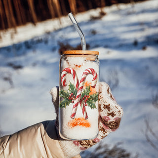Christmas candy cane tumbler with bamboo lid - festive holly design glass cup
17oz Christmas glass tumbler - candy cane and holly holiday cup with straw
Holiday drinkware gift - reusable glass cup with candy cane Christmas design