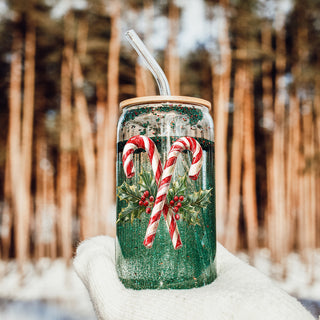 Christmas hostess gifts glass tumbler 17oz - Candy cane holly holiday coffee cup bamboo lid - Traditional drinkware
17oz Christmas coffee tumbler glass - Candy cane holly holiday kitchen gifts bamboo lid straw - Traditional design