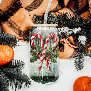 Traditional Christmas glass tumbler 17oz bamboo lid - Candy cane holly holiday coffee cup glass straw - Classic drinkware