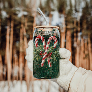 White elephant gifts candy cane holly glass tumbler 17oz - Christmas traditional party drinkware bamboo lid
Christmas kitchen decor – glass cup with candy cane and holly wreath holiday wrap