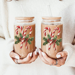 Christmas coffee gifts glass tumbler 17oz - Candy cane holly holiday drinkware bamboo lid - Traditional kitchen accessories