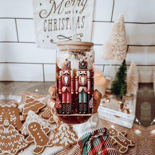 Wholesale Christmas hostess gifts glass tumbler 17oz - Nutcracker boho floral holiday coffee cup bamboo lid - Pink teal drinkware