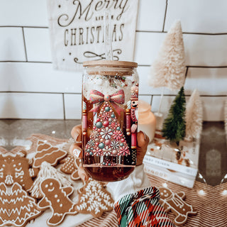 Holiday glass coffee cup 17oz - Christmas nutcracker boho floral tumbler bamboo lid Glitter pink teal drinkware
Christmas glass tumbler with sequins and glitter bows - colorful Merry holiday cup