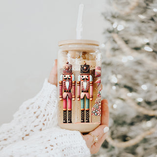 Nutcracker Christmas tumbler gift - boho pink and teal glass with bamboo lid
Reusable iced coffee glass - Nutcracker holiday tumbler with glitter design