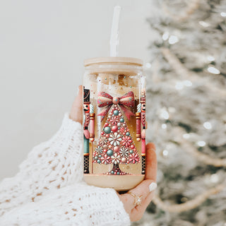 Christmas glam tumbler - glass cup with sequin bows
Nutcracker soldier tumbler - pink and teal pastel glass Christmas cup
Unique holiday tumbler cup - Nutcracker and floral tree boho Christmas design