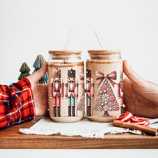 Christmas kitchen decor glass cup 17oz - Nutcracker boho floral holiday tumbler with straw - Pink teal glitter drinkware
Glitter and sequin Christmas tumbler - 17oz glass cup with bamboo lid and straw