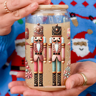 Wholesale Christmas glass cup 17oz with bamboo lid - Nutcracker soldiers boho floral tumbler with glass straw - Holiday drinkware gift