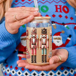 Christmas tumbler for her - Nutcracker soldiers and floral Christmas tree cup
Festive Nutcracker glass tumbler - pastel holiday design with bamboo lid