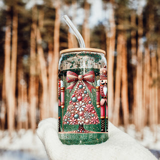 Holiday coffee gifts glass cup 17oz - Christmas nutcracker soldiers boho floral kitchen accessories bamboo lid straw
Colorful Christmas glass cup - Merry tumbler with glitter bow design
