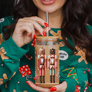 Nutcracker Christmas tumbler with bamboo lid - floral boho design in pink and teal
17oz glass holiday cup with bamboo lid - Nutcracker soldiers and Christmas tree