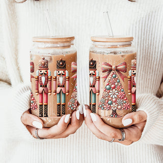 Christmas coffee gifts glass tumbler 17oz - Nutcracker boho floral holiday drinkware bamboo lid - Pink teal kitchen accessories Wholesale