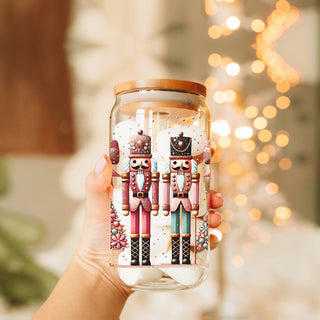 Christmas boho style glass cup 17oz glass straw - Nutcracker floral holiday tumbler bamboo lid - Pink teal festive gift