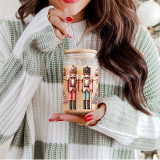 Christmas party tumbler - pastel Nutcracker soldiers and floral holiday tree
Wholesale Nutcracker coffee glass tumbler - unique boho Christmas gift cup