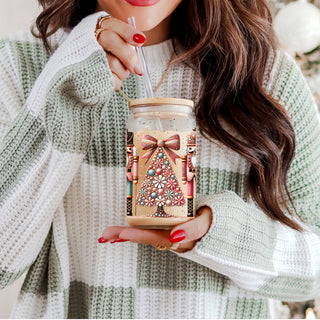 Boho Christmas glass tumbler 17oz bamboo lid - Nutcracker floral holiday coffee cup glass straw - Pink teal bohemian drinkware