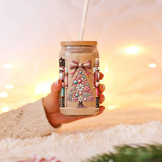 Christmas bohemian drinkware glass tumbler 17oz - Nutcracker floral bamboo lid - Holiday boho pink teal coffee cup wholesalers