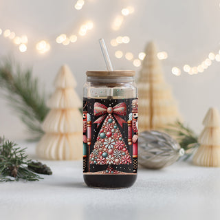Christmas stocking stuffer idea - festive glitter tumbler with bows
Reusable glitter Christmas cup 
Boho Christmas decor tumbler - glitter Nutcracker soldiers with floral holiday tree
Holiday gift tumbler - Nutcracker glass cup with pastel floral Christmas design