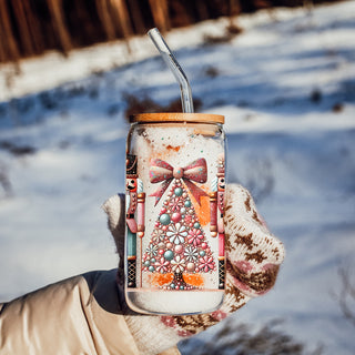 17oz Christmas coffee tumbler glass - Boho nutcracker floral holiday kitchen gifts bamboo lid straw - Pink teal design