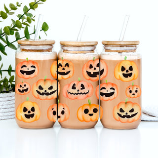 Halloween drinkware with smiling pumpkin faces artwork
Aesthetic fall tumbler with kawaii pumpkin pattern