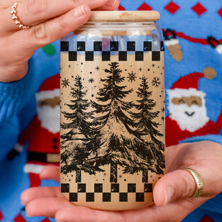 Wholesale Retro Christmas glass cup 17oz with bamboo lid - Vintage tree tumbler with glass straw - Holiday drinkware gift
Eco-friendly holiday tumbler - vintage Christmas design glass with lid