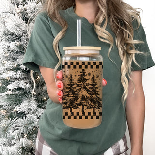 Retro style Christmas glass tumbler 17oz bamboo lid - Vintage tree holiday coffee cup glass straw - Checkered pattern