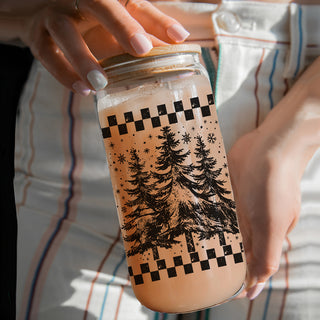 Rustic holiday drinkware - retro black Christmas tree glass with straw
Vintage Christmas tumbler cup - reusable glass holiday coffee mug alternative
Christmas tree design tumbler - holiday glass with eco bamboo lid