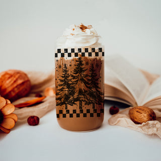 Retro holiday coffee tumbler - Christmas drinkware gift for her
Christmas glass tumbler with plaid border - rustic farmhouse holiday gift
Reusable retro holiday glass cup - eco Christmas tumbler with lid
