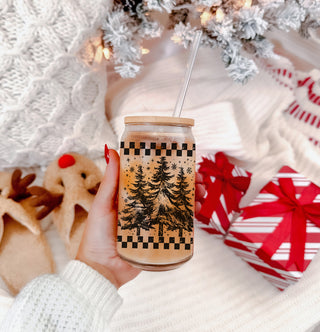 Vintage holiday glass cup - 17oz tumbler with retro Christmas design
Christmas kitchen gift - retro tree glass tumbler with bamboo lid
Holiday drinkware - black and white retro Christmas tree glass cup