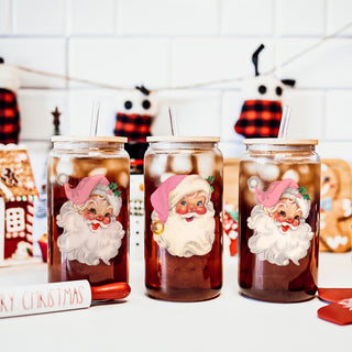 Christmas hostess gifts glass tumbler 17oz - Vintage Santa pink hat holiday coffee cup bamboo lid - Retro drinkware
Holiday coffee tumbler gift – festive glass cup for moms and home chefs