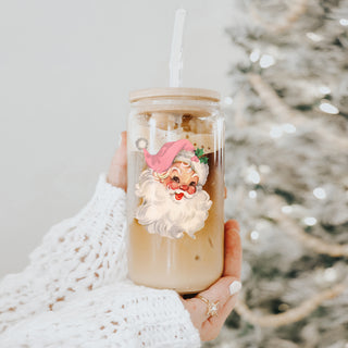 Christmas kitchen gifts glass cup 17oz - Vintage Santa pink hat tumbler bamboo lid glass straw - Holiday decor
Holiday coffee tumbler – festive glass cup with pink hat Santa faces