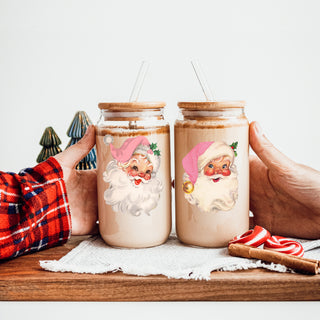 Wholesale 17oz Christmas glass tumbler - Vintage Santa pink hat holiday coffee cup with bamboo lid straw - Retro festive kitchen gift
Unique Christmas coffee cup – pink Santa face glass tumbler gift