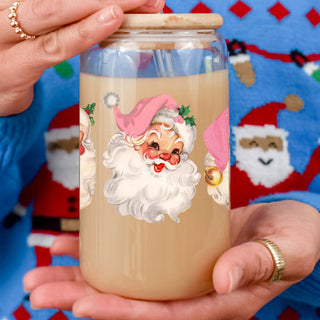 Wholesale Christmas glass cup 17oz with bamboo lid - Vintage Santa pink hat tumbler with glass straw - Holiday drinkware gift
Glass cup with 2 vintage Santa faces in pink hats – Christmas coffee tumbler