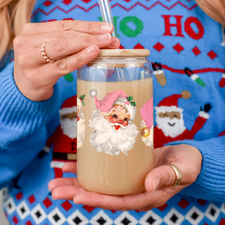 Classic Christmas glass cup 17oz - Vintage Santa pink hat holiday tumbler bamboo lid glass straw - Retro festive gift
Holiday sparkle drinkware – vintage Santa faces with pink hats glass cup
