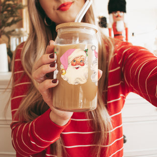 Christmas stocking stuffer gift - retro Santa tumbler with pink hats
Vintage Christmas decor tumbler - Santa face holiday glass cup
