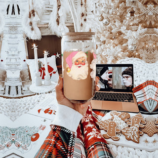 Wholesale Eco-friendly Christmas tumbler - reusable glass cup with retro Santa faces
Holiday iced coffee tumbler - vintage Santa pink hat Christmas glass