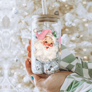 Christmas gift idea - pink retro Santa tumbler with bamboo lid
17oz glass holiday tumbler - vintage Santa faces with pink hats design