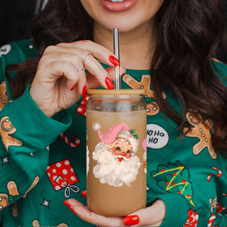Christmas coffee gifts glass tumbler 17oz - Vintage Santa pink hat holiday drinkware bamboo lid - Retro kitchen accessories
Christmas coffee bar accessory – glass cup with 2 vintage Santa faces in pink hats