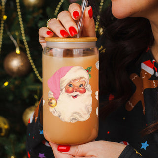 Wholesale Pink Santa Christmas glass tumbler – vintage holiday drinkware for coffee or cocoa 
Holiday glass coffee cup 17oz - Christmas vintage Santa pink hat tumbler bamboo lid - Retro festive drinkware