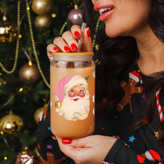 Christmas nostalgia drinkware glass tumbler 17oz - Vintage Santa pink hat bamboo lid - Holiday retro coffee cup
Unique Christmas coffee cup – festive glass tumbler with 2 pink Santa faces