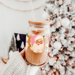 Wholesale Aesthetic Christmas drinkware vintage Santa glass tumbler 17oz - Holiday pink hat retro coffee cup bamboo lid
Christmas coffee mug gift – glass cup with vintage Santa faces for kitchen or office