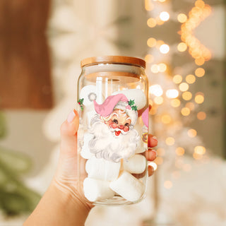 Instagram worthy Christmas glass cup 17oz - Vintage Santa pink hat holiday tumbler bamboo lid glass straw
Holiday coffee bar decor – 2 pink hat Santa faces Christmas glass tumbler