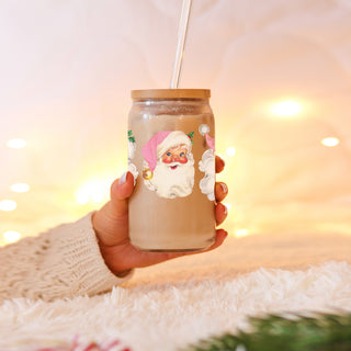 Bulk Trendy Christmas gifts vintage Santa glass tumbler 17oz - Holiday pink hat retro drinkware bamboo lid
Sparkly Christmas coffee tumbler – festive vintage Santa faces design