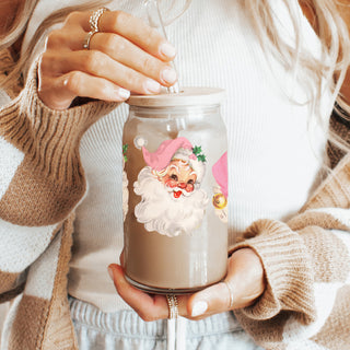Cute Christmas drinkware vintage Santa glass tumbler 17oz - Holiday pink hat retro coffee cup bamboo lid
Holiday kitchen and coffee bar gift – glass cup with 2 pink hat Santa faces