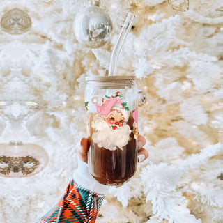 Vintage Santa face glass tumbler with bamboo lid - pink hat Christmas design
Unique Christmas gifts vintage Santa pink hat glass cup 17oz - Holiday retro coffee tumbler bamboo lid straw