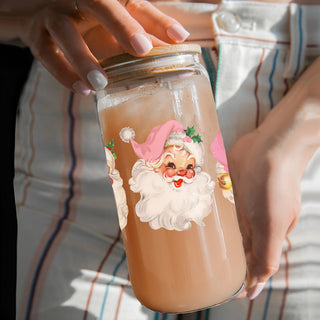 Blush Christmas glass cup 17oz - Vintage Santa pink hat holiday coffee tumbler bamboo lid glass straw
Christmas glass tumbler with vintage Santa faces - pink holiday design
