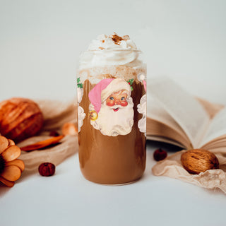 Pastel Christmas gifts vintage Santa glass tumbler 17oz - Pink hat holiday drinkware bamboo lid retro style
Soft pink holiday glass cup 17oz - Vintage Santa pink hat Christmas coffee tumbler bamboo lid straw