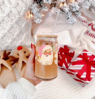 Christmas kitchen decor - retro Santa tumbler cup with pink hat design
Vintage holiday tumbler - Santa face Christmas glass cup with straw