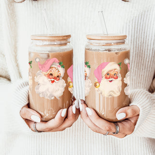 17oz holiday glass tumbler - Christmas vintage Santa pink hat coffee cup gifts - Retro festive drinkware bamboo lid
Festive holiday coffee cup – pink Santa face Christmas glass tumbler